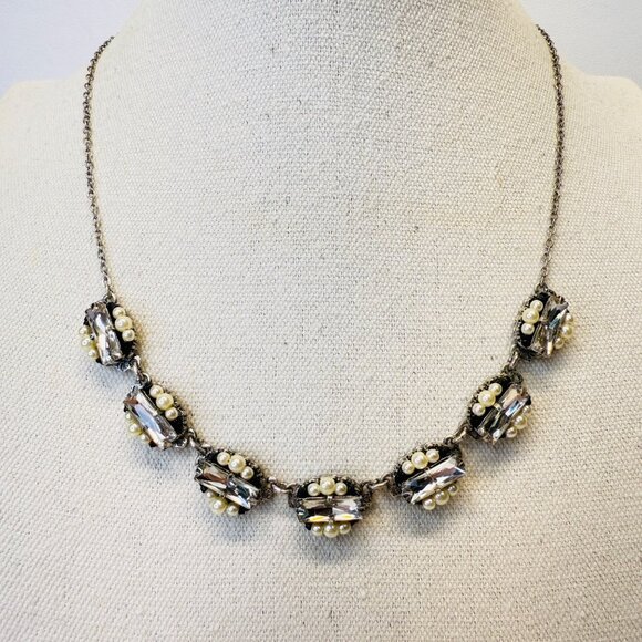 Miriam Haskell Art Deco Necklace Silver-Tone Faux Pearls Rhinestone Signed - Picture 1 of 9